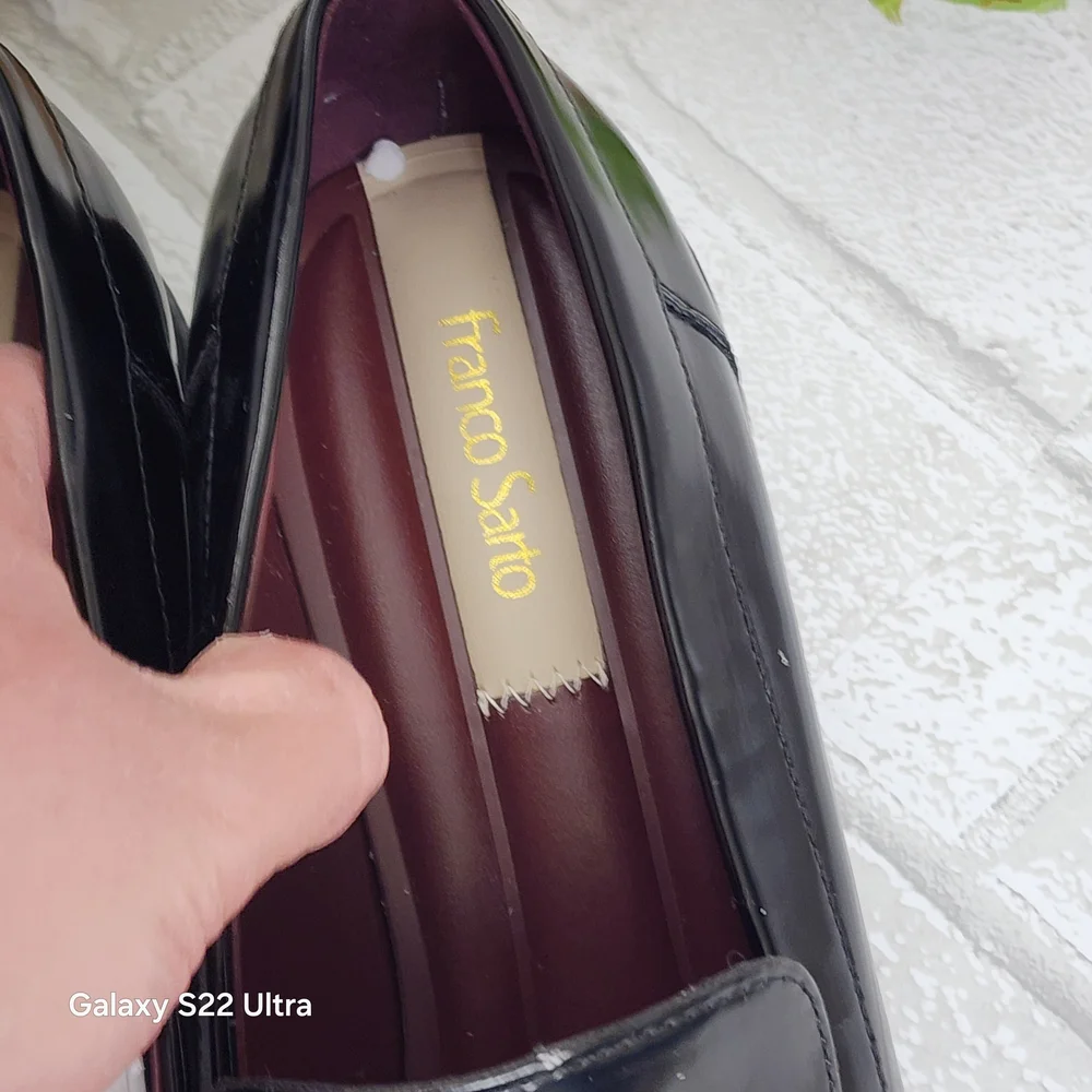 Franco Sarto Glossy Black Loafers with Gold Detail